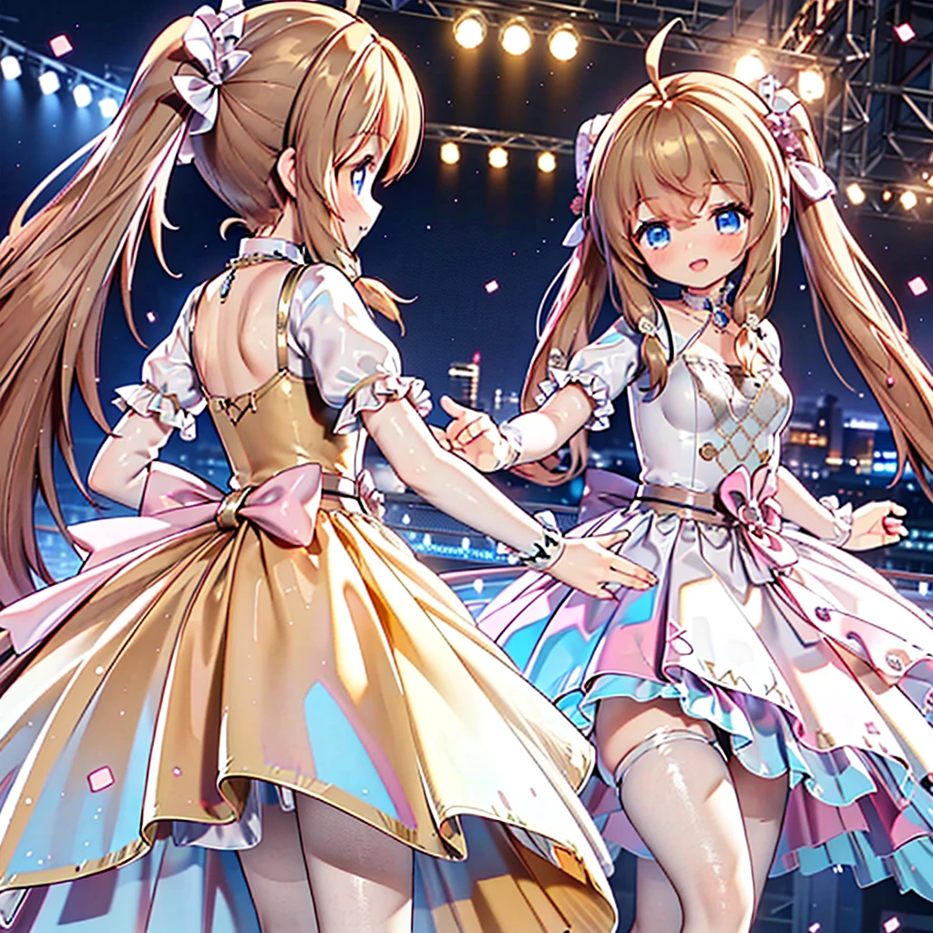 masterpiece, best quality, CG wallpaper, 8k, (1girl, cute, Blue eyes, (light brown twin tail, yellow dress), open mouth smile, looking away), dance at the stage, neon and led lights 
