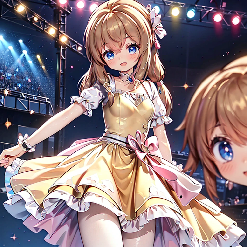 masterpiece, best quality, CG wallpaper, 8k, (1girl, cute, Blue eyes, (light brown twin tail, yellow dress), open mouth smile, looking away), dance at the stage, neon and led lights