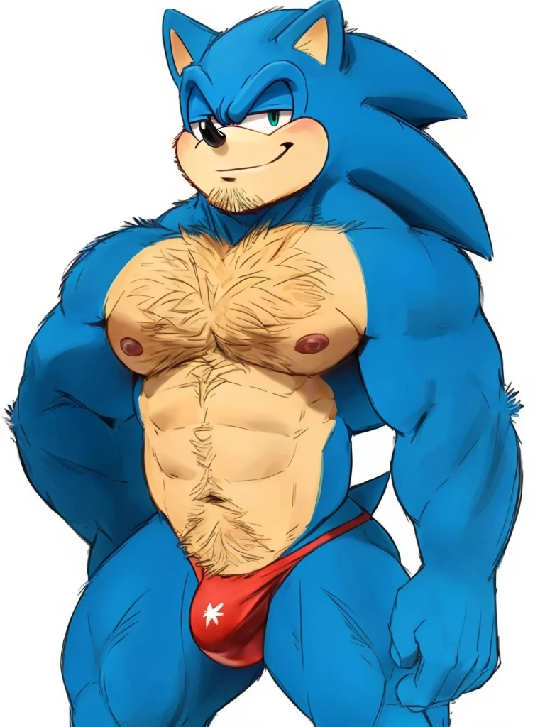 an anthropomorphic muscular blue hedgehog with big hairy chest, red speedo, nsfw, himbo body, sonic hedgehog, high quality furry art.