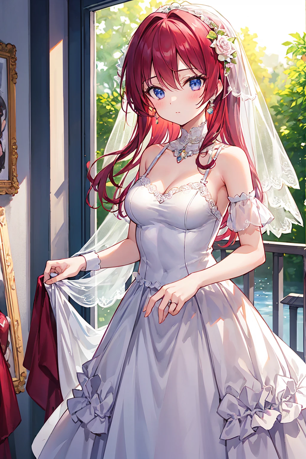 1 Girl, masterpiece, high resolution, Sonic edges_Rias_Grey Mory,Long red hair, ((Wedding dress, Room, bridal lingerie, Wedding theme))