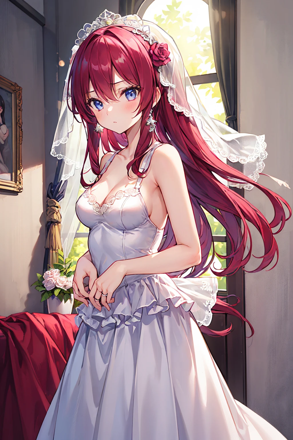 One girl, masterpiece, High resolution, Sonic Edge_Rias_Gremory,Long Red Hair, ((Wedding dress, room, Bridal Lingerie, Wedding Themes)),Small breasts,((Highest quality)), (Very detailed), (High-definition CG synthesis 8K wallpaper), 高いly detailed, 高い-definition raw color photos, Professional photography, (((Bokeh))), Written boundary depth,Underwear visible