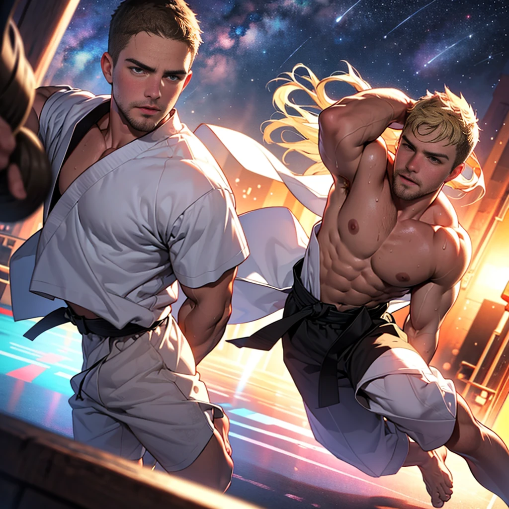 Hunk mature daddy (((Stephen AMELL))), white skin, big bump, dark blond hair, stubble, lean yet muscular, best quality, masterpiece, ultra high resolution, Detailed background, illustration, single, 1 boy,  muscle, Volumetric lighting, depth of field, beard, flow, White clothes, black belt, light particles, huge bulge, starry sky, martial artist, flow sweat, short dark blond  hair, perfect eyes, barefoot,Boxing posing .