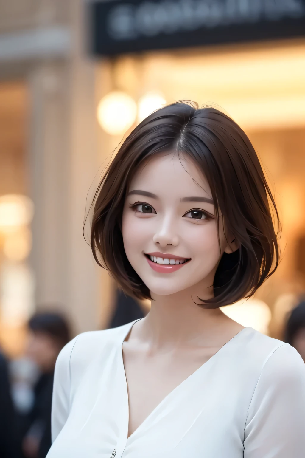 ((masterpiece)), ((Highest quality)), ((Complex)), ((Surreal)), (Realistic), (Mature Woman), ((No classes)), Very detailed, (1 female), Beautiful and exquisite, (Beautiful Teeth), Grin, Brunette Bob Hair, Brown eyes, ((blouse)), (Upper Body), (background:none), Perfect Eyes, Captivating eyes, Looking at the audience