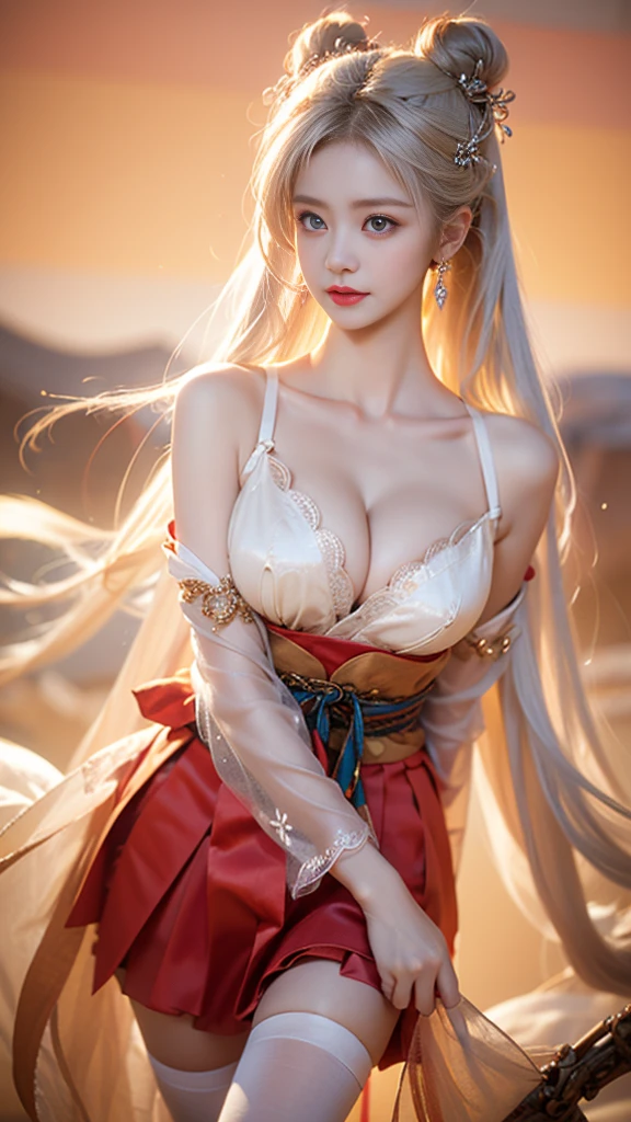 1girl,silver hair,japanese clothes,white thighhighs,detached sleeves, hair ornament, ((knee shot)), ((Shoot at random angles)), ((Visible cleavage)), ((E-cup)), ((I-type Valley)), ((Warm colors)), Long-range shooting, A beautiful woman，Elegant posture，Standing，Slender figure。Her legs are slender and straight，Cross placement，Forming a perfect diagonal composition。Head gently sideways，Long blond hair falls naturally，Gently brushing her shoulders。Soft colors，In stark contrast to her fair skin。The edge of the skirt ripples gently，As if swaying in the breeze。Her eyes were gentle，There is a faint smile on the lips。The whole picture looks very harmonious and beautiful