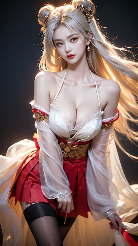 1girl,silver hair,japanese clothes,white thighhighs,detached sleeves, hair ornament, ((knee shot)), ((Shoot at random angles)), ((Visible cleavage)), ((E-cup)), ((I-type Valley)), ((Warm colors)), Long-range shooting, A beautiful woman,Elegant posture,Standing,Slender figure。Her legs are slender and straight,Cross placement,Forming a perfect diagonal composition。Head gently sideways,Long blond hair falls naturally,Gently brushing her shoulders。Soft colors,In stark contrast to her fair skin。The edge of the skirt ripples gently,As if swaying in the breeze。Her eyes were gentle,There is a faint smile on the lips。The whole picture looks very harmonious and beautiful