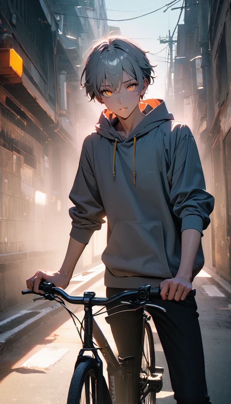 (8k, RAW Photos, Highest quality, masterpiece: 1.4), (((Boy on a bicycle))),Ultra-high resolution, Very detailed, Light, Arm close-up, Handsome boy, Iris, (Delicate eyes, Shining eyes:1.2), Grey Short Hair, Fair skin,dark, Grey sweatshirt, Hooded sweatshirt,(Perfect Anatomy:1.2), High Quality Shadows, Natural light, (White highLights:1.2), night, cloudy day, (alley:1.2), (river bridge:1.2)