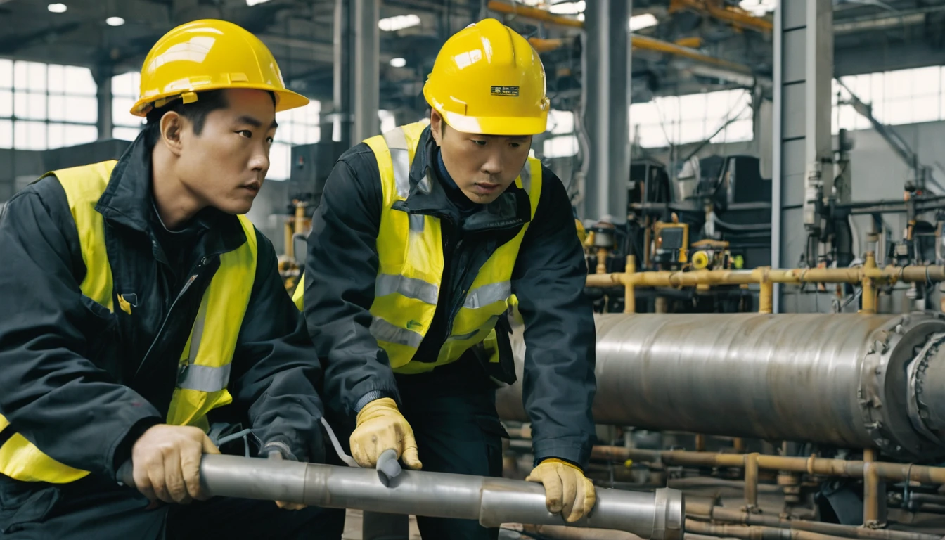 Two handsome 30-year-old men are working on a pipeline, wearing black cotton jackets. They are Asian and use a large wrench to operate a huge circular valve that occupies half of the screen. Their expressions are serious and they wear yellow safety helmets. They work inside the factory, in the pipeline space, and in the distant view