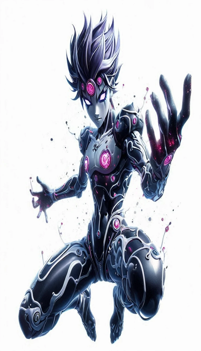 A silver/black lean yet muscular abstract styled youthful teenage humanoid, with short spiky purple hair, with ears to chin covered, cosmic face, pointed back of the head, white glowing eyes, filled with cosmic matter, extending one arm forward, hands and feet glowing red hot, white neon circuitry designs on body, floating above the ground with arms spread, body designed with Japanese mythological twirls armour with more detailed design Jojo Bizarre Adventures stand anime