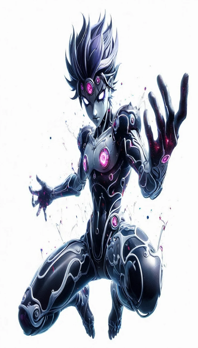 A silver/black lean yet muscular abstract styled youthful age humanoid, with short spiky purple hair, with ears to chin covered, cosmic face, pointed back of the head, white glowing eyes, filled with cosmic matter, extending one arm forward, hands and feet glowing red hot, white neon circuitry designs on body, floating above the ground with arms spread, body designed with Japanese mythological twirls armour with more detailed design Jojo Bizarre Adventures stand anime