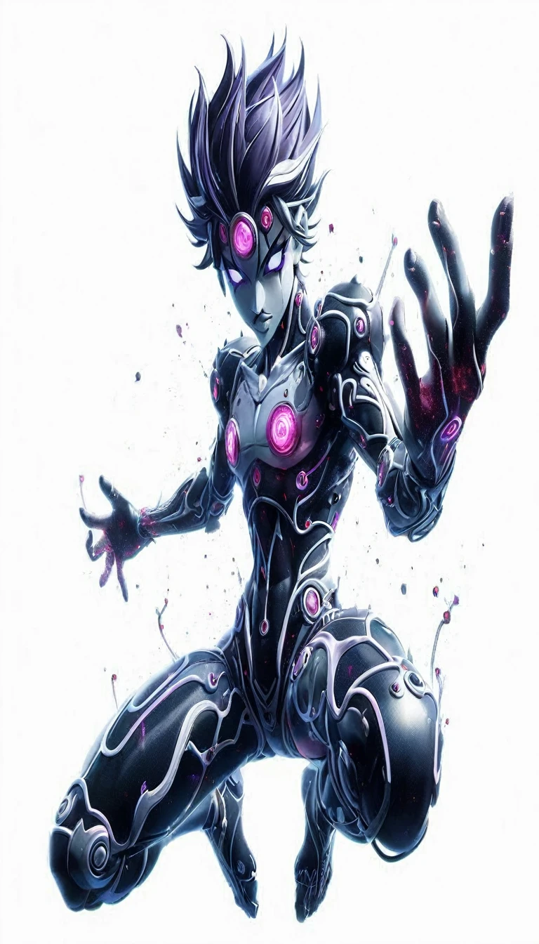 A silver/black lean yet muscular abstract styled youthful age humanoid, with short spiky purple hair, with ears to chin covered, cosmic face, pointed back of the head, white glowing eyes, filled with cosmic matter, extending one arm forward, hands and feet glowing red hot, white neon circuitry designs on body, floating above the ground with arms spread, body designed with Japanese mythological twirls armour with more detailed design Jojo Bizarre Adventures stand anime