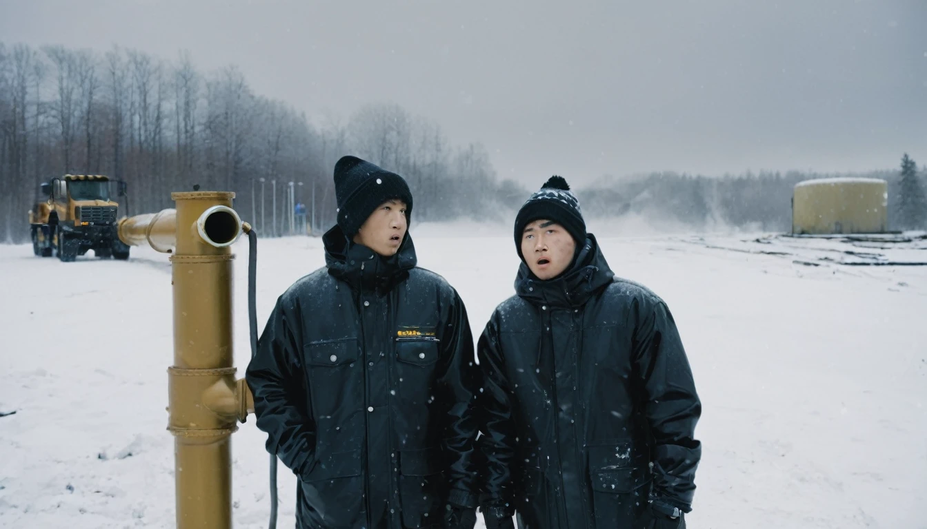 Two 20-year-old men working on a pipeline，Wearing black cotton jacket，Asian，Huge pipe，Use a large wrench，A huge valve that opens half the screen，A huge valve that takes up half of the screen，Painful expression，With cap，indoor，cold，Snow Covered，snowstorm，Gloomy sky