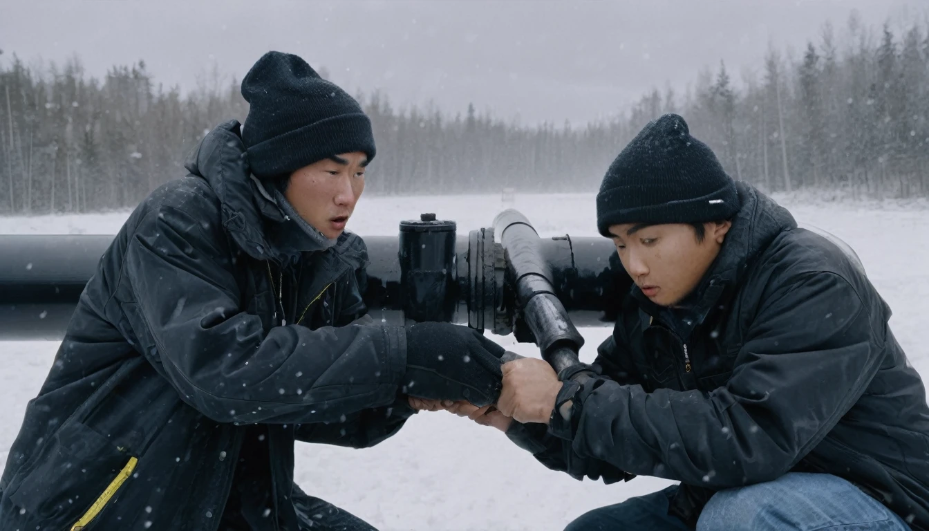 Two 20-year-old men working on a pipeline，Wearing black cotton jacket，Asian，Huge pipe，Use a large wrench，A huge valve that opens half the screen，A huge valve that takes up half of the screen，Painful expression，With cap，indoor，cold，Snow Covered，snowstorm，Gloomy sky