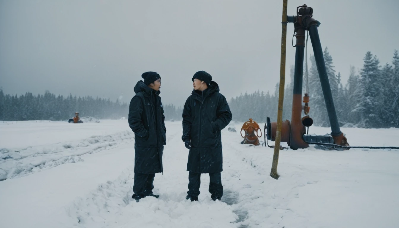 Two 20-year-old men working on a pipeline,Wearing black cotton jacket,Asian,Huge pipe,Use a large wrench,A huge valve that opens half the screen,A huge valve that takes up half of the screen,Painful expression,With cap,indoor,cold,Snow Covered,snowstorm,Gloomy sky
