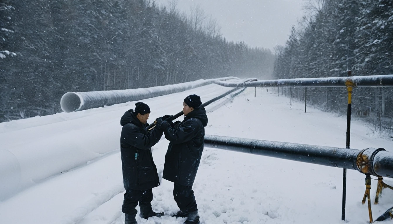 Two 20-year-old men working on a pipeline,Wearing black cotton jacket,Asian,Huge pipe,Use a large wrench,A huge valve that opens half the screen,A huge valve that takes up half of the screen,Painful expression,With cap,indoor,cold,Snow Covered,snowstorm,Gloomy sky