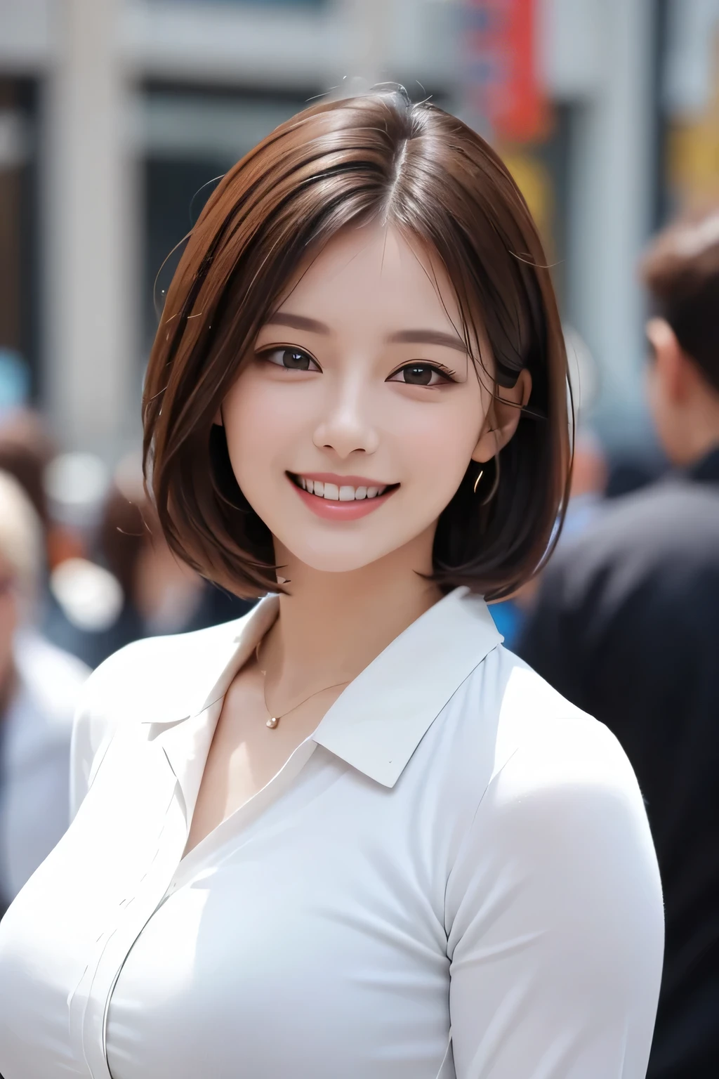 ((masterpiece)), ((Highest quality)), ((Complex)), ((Surreal)), (Realistic), (Mature Woman), ((No classes)), Very detailed, (1 female), Beautiful and exquisite, (Beautiful Teeth), Grin, Brunette Bob Hair, Brown eyes, ((blouse)), (Upper Body), (background:none), Perfect Eyes, Captivating eyes, Looking at the audience