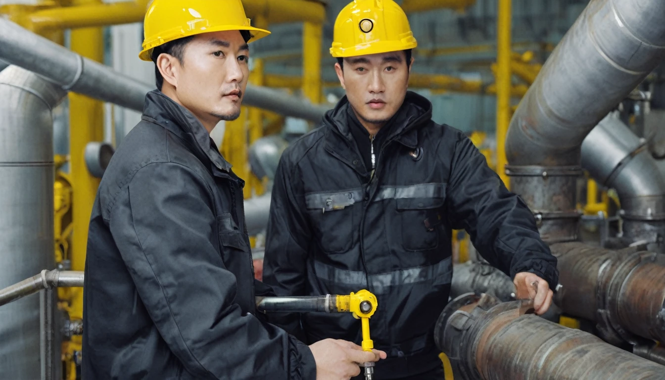 Two handsome 30-year-old men are working on a pipeline, wearing black cotton jackets. They are Asian and use a large wrench to operate a huge circular valve that occupies half of the screen. Their expressions are serious and they wear yellow safety helmets. They work inside the factory, in the pipeline space, and in the distant view
