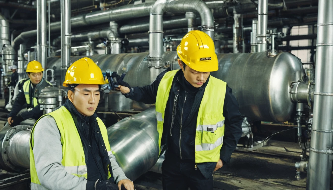 Two handsome 30-year-old men are working on a pipeline, wearing black cotton jackets. They are Asian and use a large wrench to operate a huge circular valve that occupies half of the screen. Their expressions are serious and they wear yellow safety helmets. They work inside the factory, in the pipeline space, and in the distant view