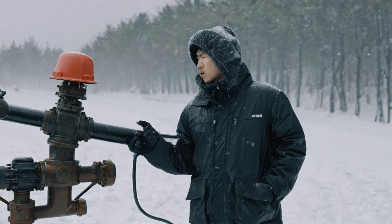Two 20-year-old men working on a pipeline,Wearing black cotton jacket,Asian,Huge pipe,Use a large wrench,A huge valve that opens half the screen,A huge valve that takes up half of the screen,Painful expression,With cap,indoor,cold,Snow Covered,snowstorm,Gloomy sky