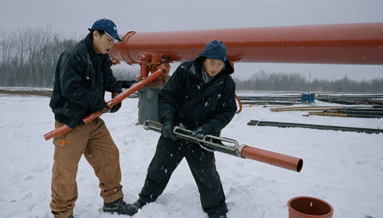 Two 20-year-old men working on a pipeline,Wearing black cotton jacket,Asian,Huge pipe,Use a large wrench,A huge valve that opens half the screen,A huge valve that takes up half of the screen,Painful expression,With cap,indoor,cold,Snow Covered,snowstorm,Gloomy sky