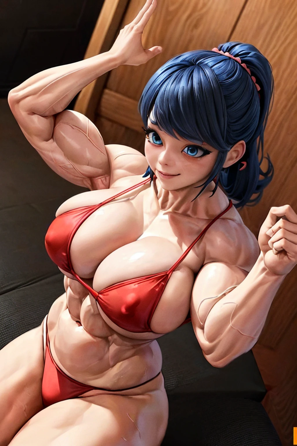 high contrast, (8K UHD:1.2), (photorealistic:1.2),(masterpiece:1.4), (best quality:1.4),extremely detailed wallpaper, highly detailed illustrations, ((1 Girl)) , (super-complex details) official art, unity 8k wallpaper, ultra detailed, beautiful and aesthetic, masterpiece, best quality, ( zentangle, mandala, tangle, entangle), (fractal art:1.3) , masterpiece, , intricate detail,((bulking)),covered body upper body,(body builder:1.7), muscular, bob hair, busty, sexy, curvy, crazy abs, upper , from front angle, raised hand, armpit, looking into camera, masterpiece, best quality, high quality, high definition, high quality texture, high quality shadow, high detail, beautiful detailed, fine detailed, extremely detailed cg, detailed texture, a realistic representation of the face, realistic, colorful , delicate, cinematic light, side light, Lens Flare, Ray Tracing, tailed beautiful delicate face, detailed beautiful delicate eyes, mature female, ((long blue hair, tied two ponytail , bored, pompadour cut, muscular, toned, navel, ripped abs, thick thighs, broad shoulders, big arm muscles, meaty leg muscles, thick eyelashes, makeup, (((red bikini))), raise hand's showing her big bicep's with sceary evil smile)) looking at viewer's with full of confidence proud eyes.
