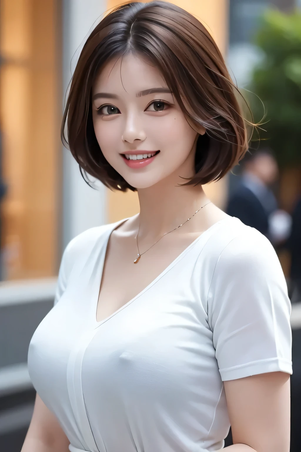 ((masterpiece)), ((Highest quality)), ((Complex)), ((Surreal)), (Realistic), (Mature Woman), ((No classes)), Very detailed, (1 female), Beautiful and exquisite, (Beautiful Teeth), Grin, Brunette Bob Hair, Brown eyes, ((blouse)), (Upper Body), (background:none), Perfect Eyes, Captivating eyes, Looking at the audience