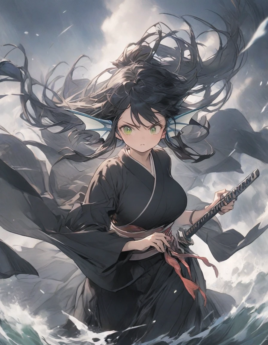 ,(black and white manga style:1.1),snap shot,(katana:1.2),fighting stance,(holding huge katana:1.3),,no pattern kimono,(black kimono:1.5),samurai,,,{{{Huge breasts}}},,,,,,long skirt, brooches,Blue brooch,,(dark Blue hair:1.21),gradient_hair,( Green eyes:1.25),hair_ornament detached ,,Very Long Ponytail, poneyTail,, (head fins:1.25),、stormy,1gitl,