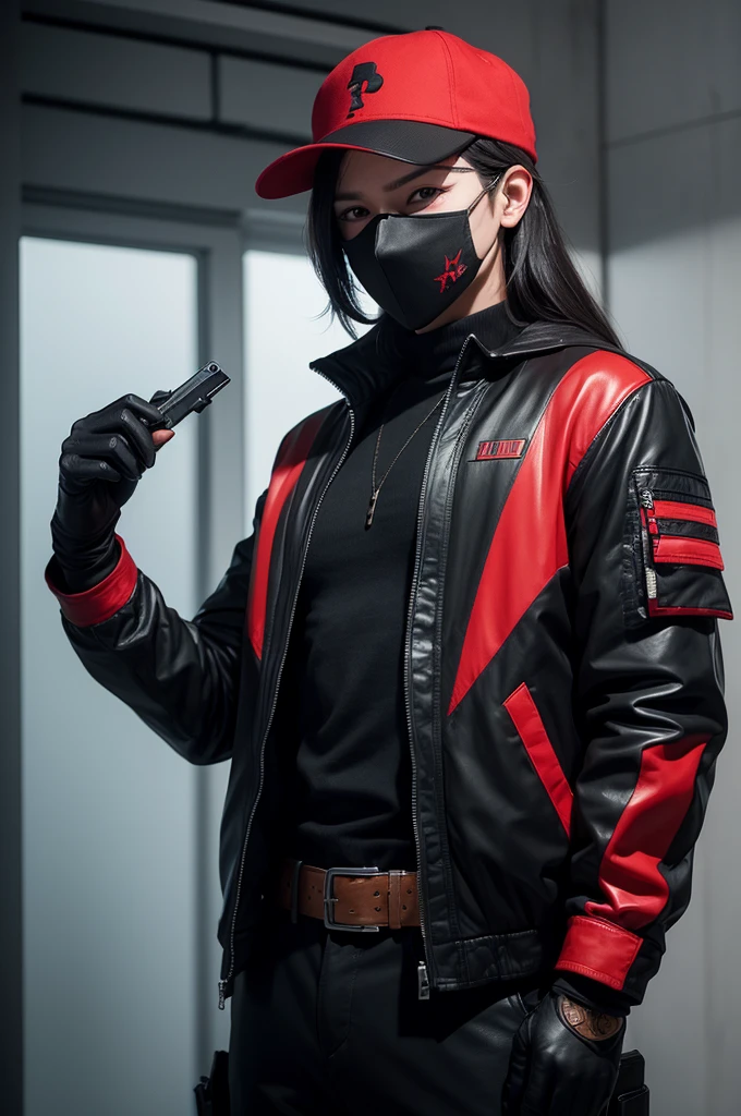I want a male free fire character with a black hat, a black mask, a black and red jacket with the name freestayle