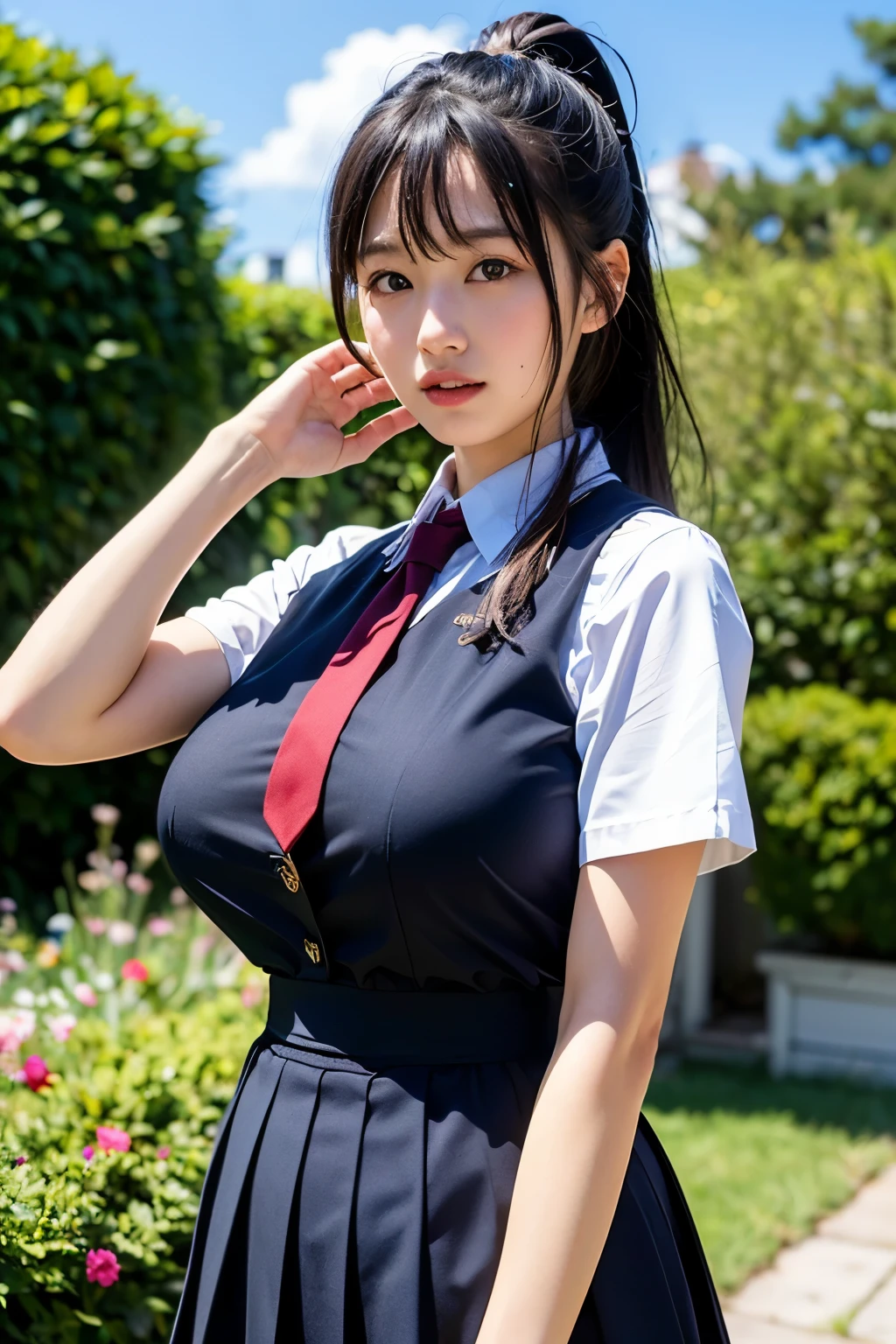 (Highest quality, 8k, 32K, masterpiece, Ultra-high resolution:1.2), Cute Japanese Girl, (Huge breasts:1.1), Long black hair,ponytail, bangs, (school uniform), Tight waist, (Outdoor, garden, blue sky),(high school girl),