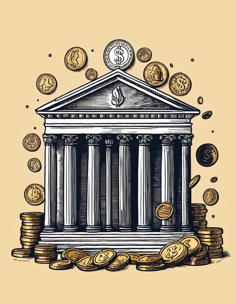 An illustration of a company's treasury, a bank account, money, coins