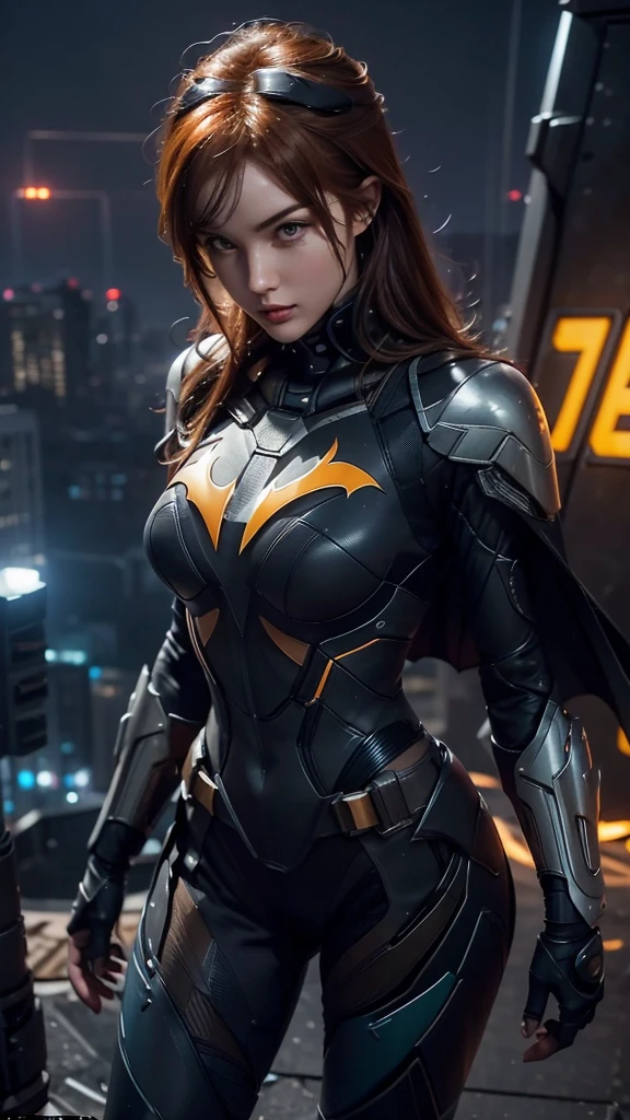 1girl, futuristic batgirl suit, tight Batgirl suit, extremely beautiful, fit body, mecha armor, cape blown by the wind, full body, ultra details, short orange hair, from above, gotham city at night, on top of building, lightning storm, thighs gap, Cinematic lighting, batman signal in the sky, city lights