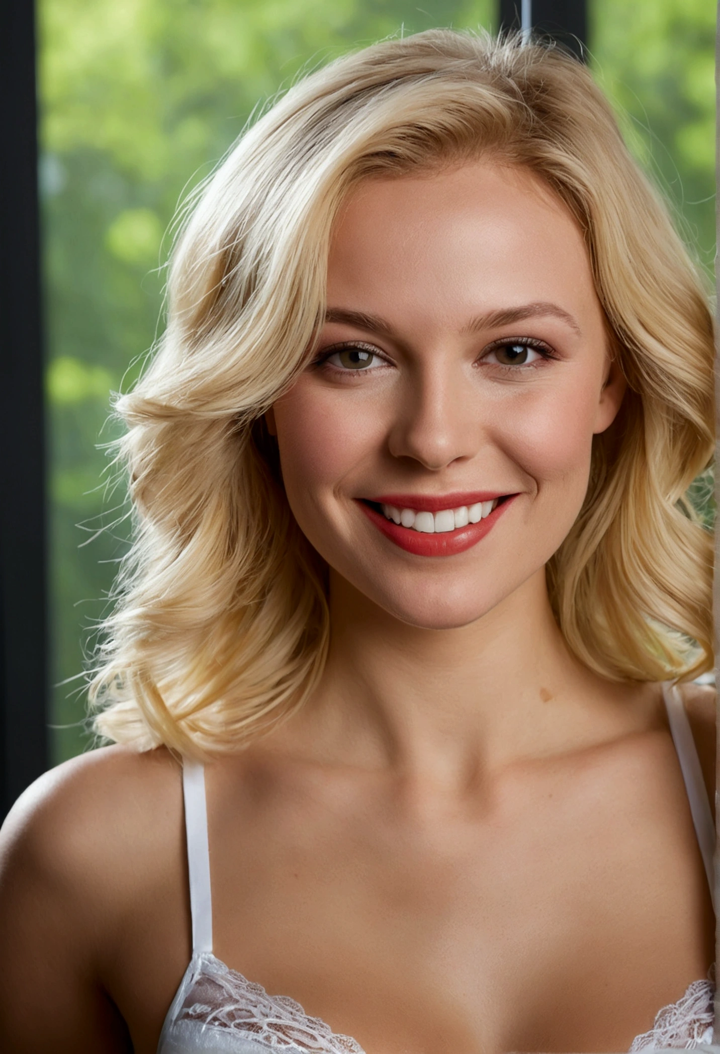 (représentant en détail debout dans un salon moderne avec les mur blanc bien éclairer la télévision éteinte dans une ambiance détendu ), (Réaliste and detailed photo of a beautiful Scandinavian blonde), (portant une belle et détaillée lingerie Forest Red), (Hanches larges), (cuisses épaisses), (plus de soutien-gorge), (souriant), (lèvres rouges), (cheveux blonds), (yeux pétillants), (joli visage, Visage lumineux, visage illuminé), (poitrine sous développer), (corps athlétique léger), Fujifilm XT3 netteté, Éclairage professionnel, Couleurs vives, détails complexes, grain de film, Fujifilm XT3 Réaliste painting art, f5.6, paysage, (Meilleure qualité,4k,8k,16k,Le plus élevé,chef-d'œuvre:1.2),(Réaliste,photoRéaliste,photo-Réaliste:1.37), (unité CG extrêmement détaillée, fond d'écran 16k), Utiliser des modèles d'apprentissage profond de pointe et ajuster les paramètres en fonction de mesures de qualité telles que la similarité structurelle (OUI) et perte de perception pour créer une image impossible à distinguer d'une image réelle, photographie de haute qualité, Assurez-vous que la scène a fière allure et que la jeune femme s'intègre harmonieusement à l'environnement, (réglage fin), (Sois créatif), (Ultra haute définition, hyper-Réaliste, très détaillé, image de haute qualité, netteté, Éclairage professionnel, Couleurs vives and détails complexes),