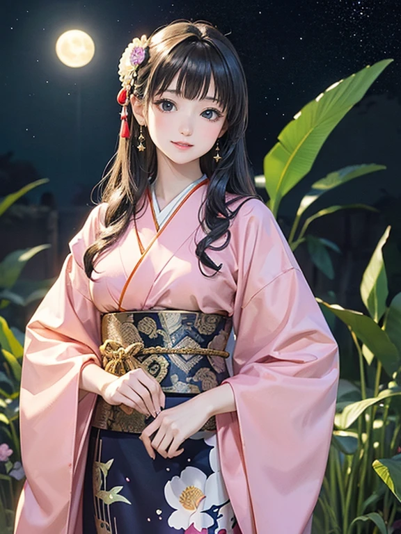 (Highest quality、 8k wallpaper、masterpiece、High resolution)、Vibrant colors、The Tale of the Bamboo Cutter、The Tale of Princess Kaguya、Elegant and beautiful woman with long black hair、A kind look、Smile on the lips、Traditional costumes of Japan、12 Single layer costume、whole body、Detailed Background、(Tall bamboo, starry sky and full moon)、Detailed digital art、