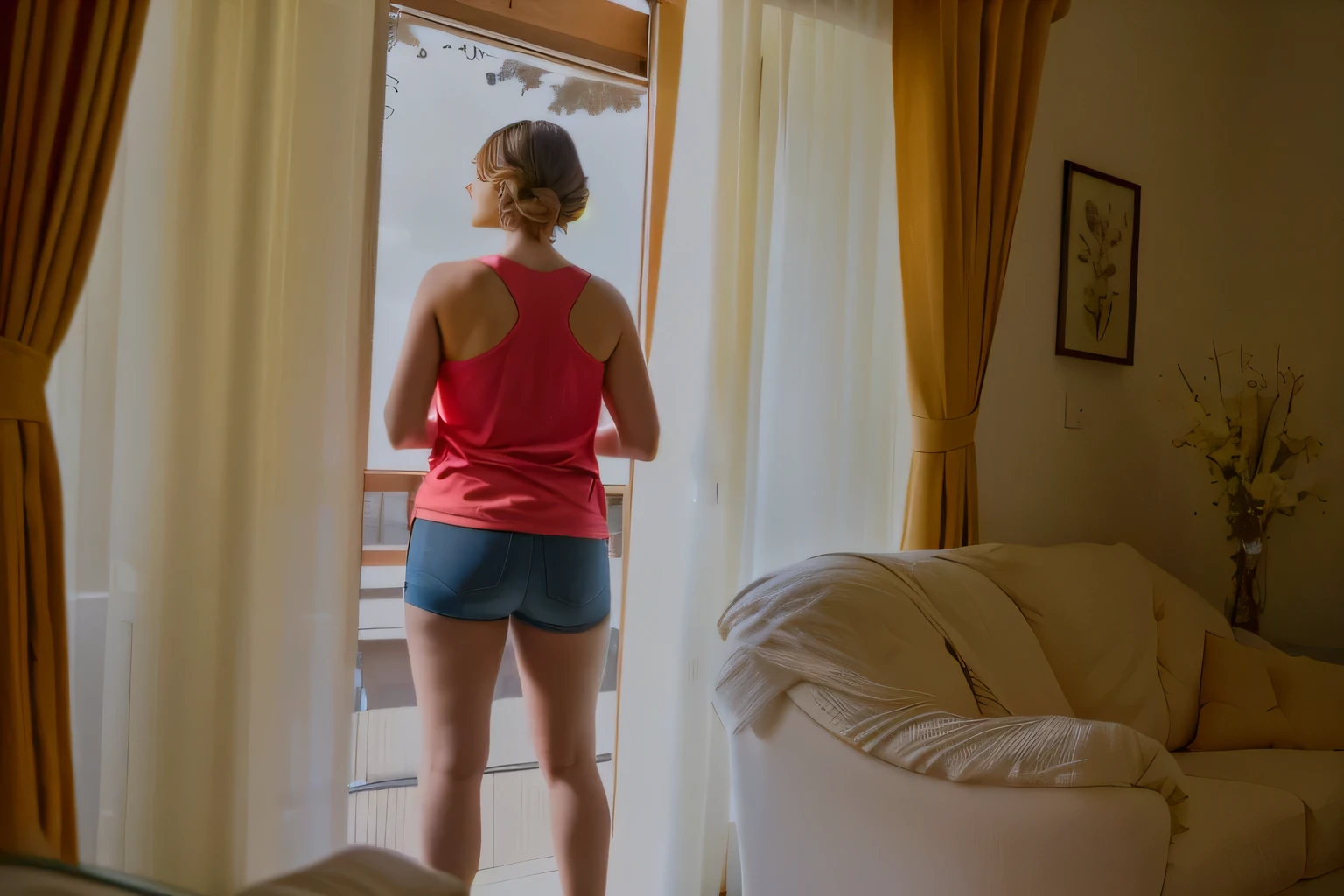 there is a woman standing in a living room looking out the window, looking outside, back - shot, from the back, back shot, seen from the back, backview, from back, view from the back, shot from the back, rear-shot, view from back, back - view, backshot, looking out, back view!!, standing near a window