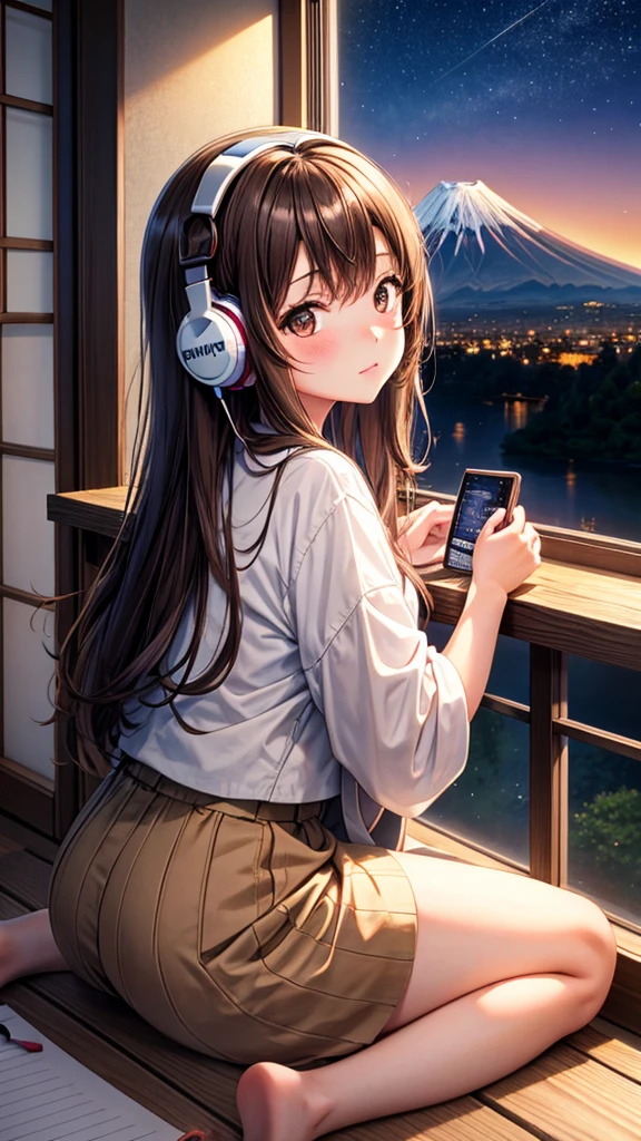 Lo-Fi Research, girl, write, ~ ~ Side, japanese girl, Brown Hair, Medium Long Hair, Headphones, Summer clothes, window, mount fuji background, summer night