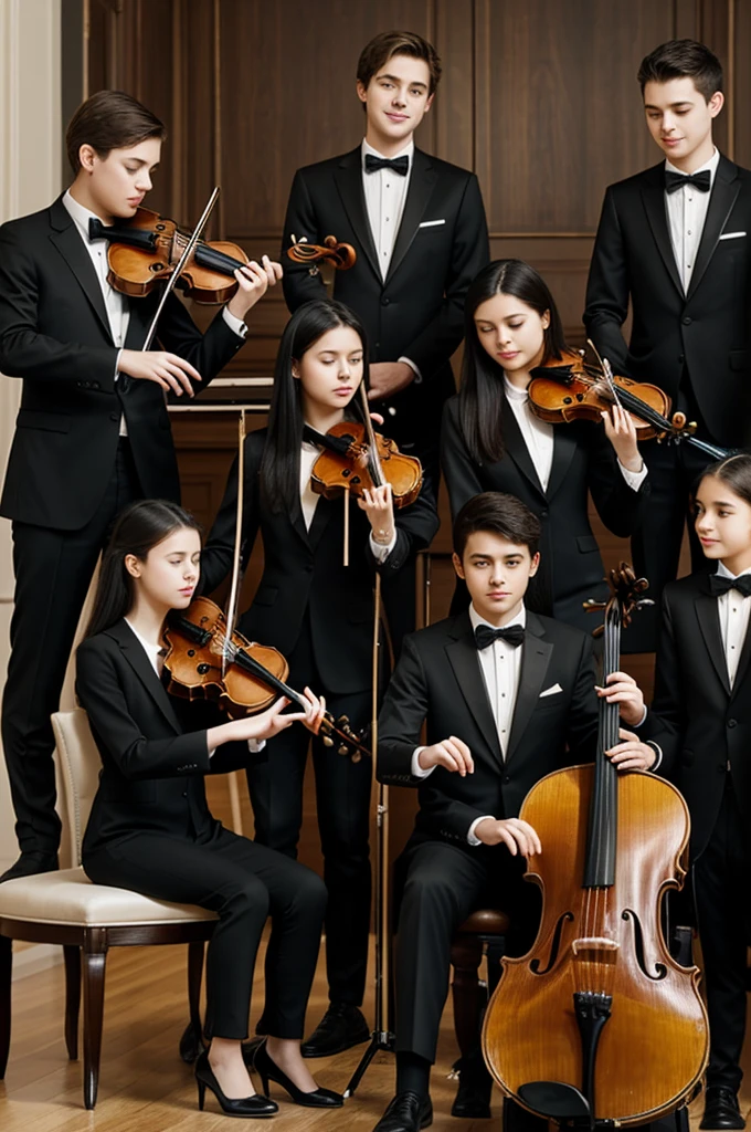Two young ladies playing violin, young man playing drums,three young people playing piano,a young lady playing the cello, all dressed in black suits