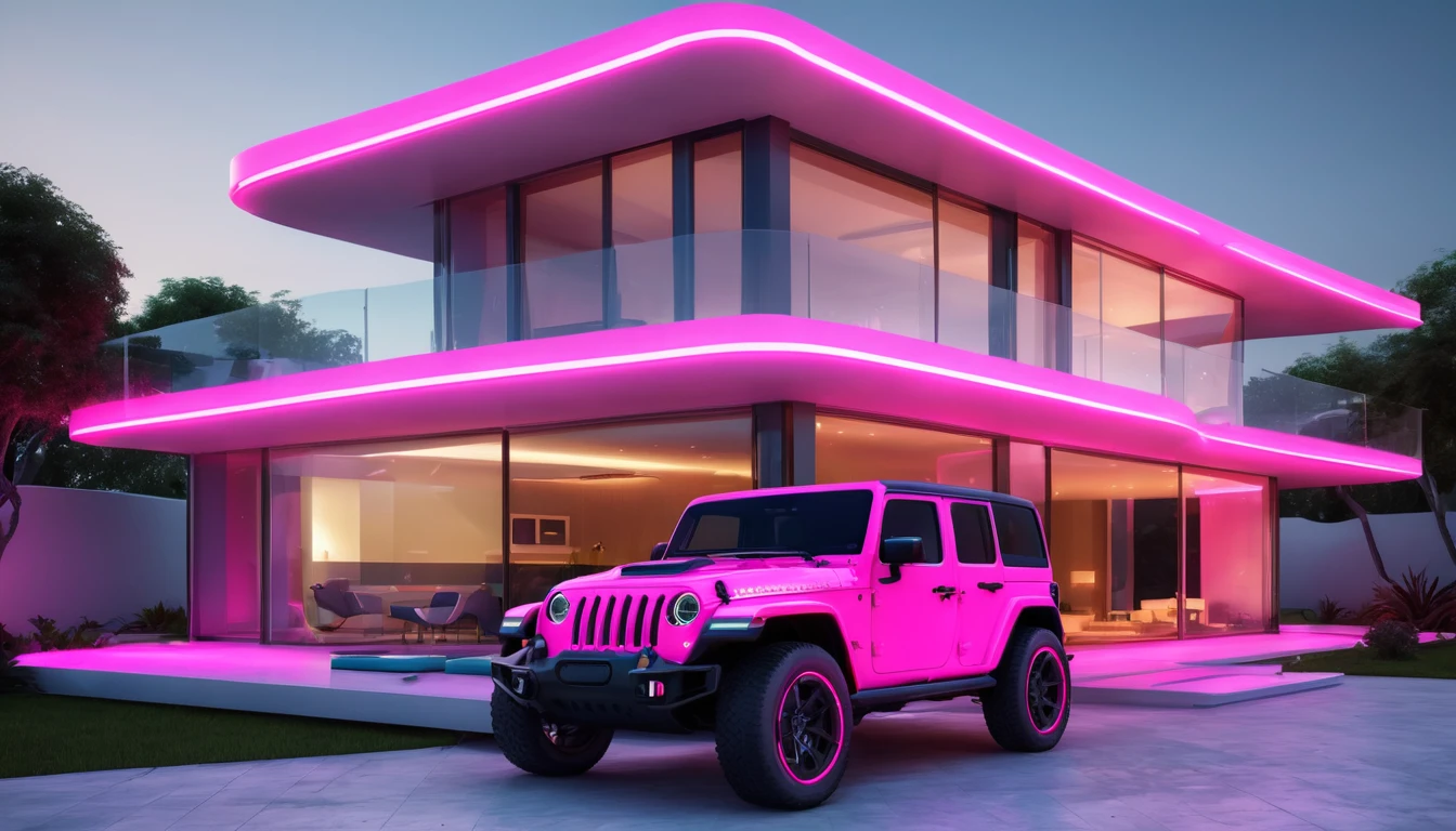 a futuristic house with a floresent hot pink jeep wrangler parked in front of it, cgsocietywlop, beautiful curves, intricate devilish designs, qualia, interesting shapes & form, wow factor, elaborate polished, bioluminescent, colorfull, glow, fluid, architectural rendering, miami, orange soft lighting in interior of house, futuristic battlefield, inspired by James E. Brewton, precise architectural rendering