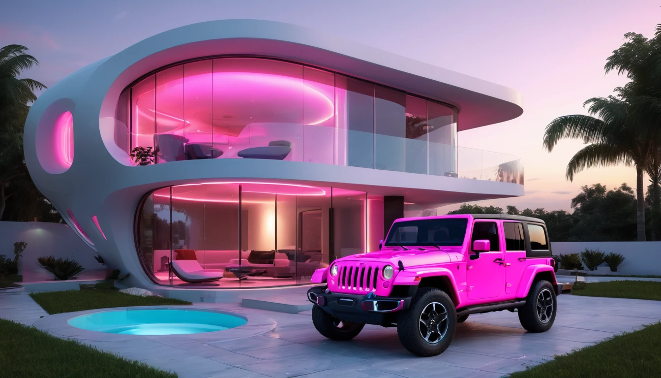 a futuristic house with a floresent hot pink jeep wrangler parked in front of it, cgsocietywlop, beautiful curves, intricate devilish designs, qualia, interesting shapes & form, wow factor, elaborate polished, bioluminescent, colorfull, glow, fluid, architectural rendering, miami, orange soft lighting in interior of house, futuristic battlefield, inspired by James E. Brewton, precise architectural rendering