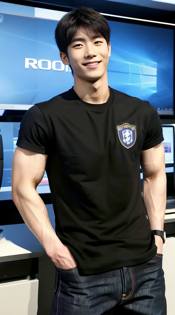((realistic daylight)) , Young Korean man in only a black sports shirt, no stripes, and jeans., A handsome, muscular young Asian man looks at the camera.  , In a computer shop ,turn sideways, smile