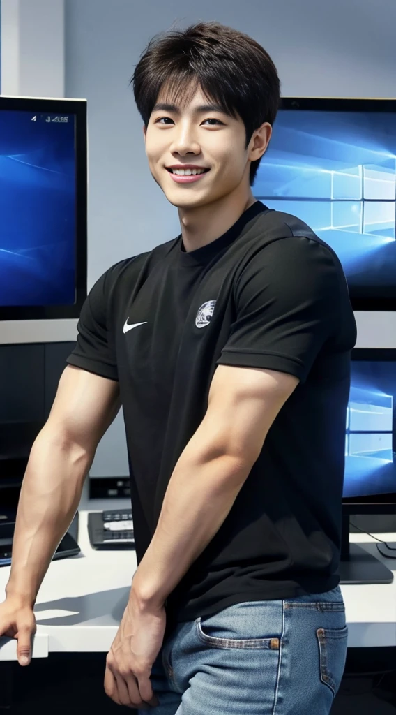 ((realistic daylight)) , Young Korean man in only a black sports shirt, no stripes, and jeans., A handsome, muscular young Asian man looks at the camera. , In a computer shop ,turn sideways, smile