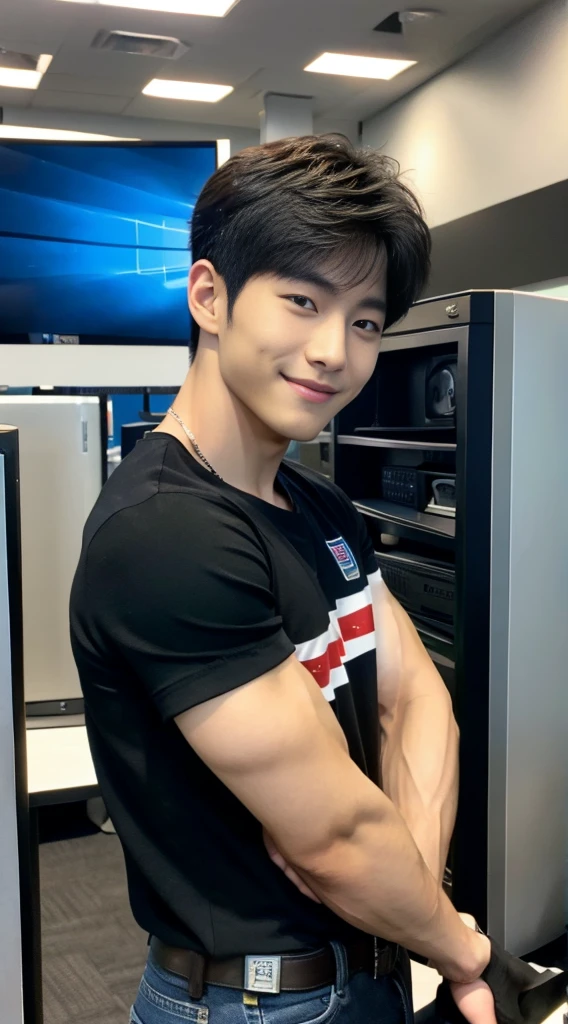 ((realistic daylight)) , Young Korean man in only a black sports shirt, no stripes, and jeans., A handsome, muscular young Asian man looks at the camera.  , In a computer shop ,turn sideways, smile