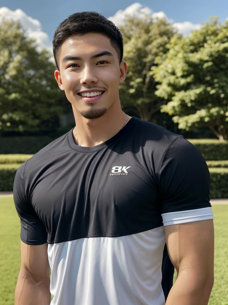 Tony Labrusca, (As a matter of fact, Masterpiece, 8k HD, good light quality, sportswear, fit the face, complicated details), A handsome, muscular young Korean man. , 20 years old, be happy, smile brightly, detailed face, delicate eyes, มองดูsky, Wear a tight blue t-shirt., period, black eyes, Black hair color, ผมsmooth, smooth, outdoor sports, Along the garden, Sunny,sky，Surreal，Superb details，Highest quality，real，