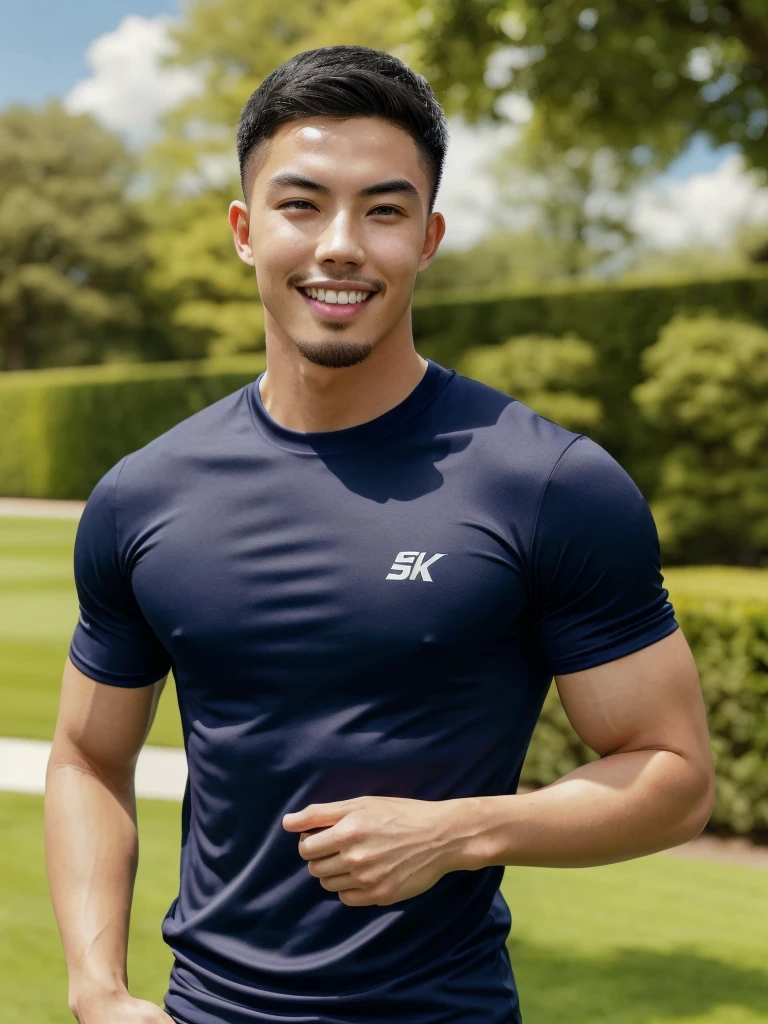 Tony Labrusca, (As a matter of fact, Masterpiece, 8k HD, good light quality, sportswear, fit the face, complicated details), A handsome, muscular young Korean man. , 20 years old, be happy, smile brightly, detailed face, delicate eyes, มองดูsky, Wear a tight blue t-shirt., period, black eyes, Black hair color, ผมsmooth, smooth, outdoor sports, Along the garden, Sunny,sky,Surreal,Superb details,Highest quality,real,