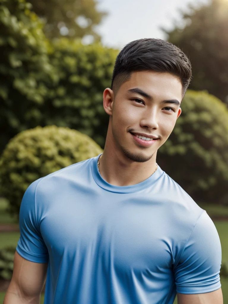 Tony Labrusca, (As a matter of fact, Masterpiece, 8k HD, good light quality, sportswear, fit the face, complicated details), A handsome, muscular young Korean man. , 20 years old, be happy, smile brightly, detailed face, delicate eyes, มองดูsky, Wear a tight blue t-shirt., period, black eyes, Black hair color, ผมsmooth, smooth, outdoor sports, Along the garden, Sunny,sky,Surreal,Superb details,Highest quality,real,