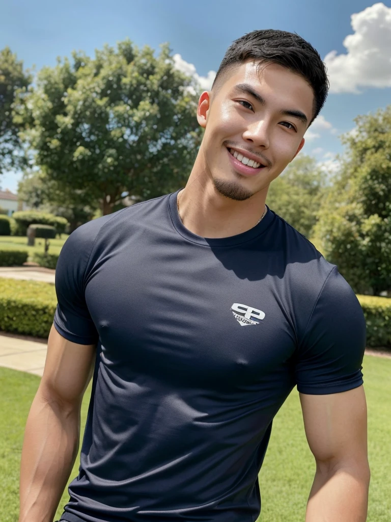 Tony Labrusca, (As a matter of fact, Masterpiece, 8k HD, good light quality, sportswear, fit the face, complicated details), A handsome, muscular young Korean man. , 20 years old, be happy, smile brightly, detailed face, delicate eyes, มองดูsky, Wear a tight blue t-shirt., period, black eyes, Black hair color, ผมsmooth, smooth, outdoor sports, Along the garden, Sunny,sky，Surreal，Superb details，Highest quality，real，