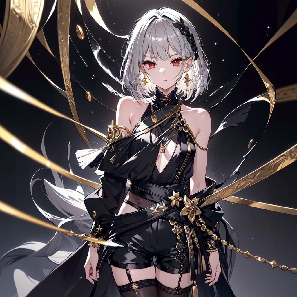 8k,High resolution RAW color art,Anime Art,Silver Marble Skin, (((Very detailed and cool))), Detailed skin, Blur、texture,(Exquisitely crafted, The finer details, Ultra-detailed art), (((1 girl))), Depth of written boundary, Silky Touch, Hyper Detail, (((Cool face))), eye shadow、Armed women, Beautiful detailed red eyes, Beautiful lip detail, Highly detailed face, Delicate depiction of hair and eyes, Detailed Fashion, Golden earrings,Full body depiction, Black half top、(((Shoulder Bare)))、Black shorts、Waist Cloak、black tights、Golden decoration, Shiny grey hair, Golden bracelet, Straight Hair、Short Hair、(((Hair)))、Simple Background、(((Black theme)))、snow、look down、cloth、Clear face、Diagonal orientation
