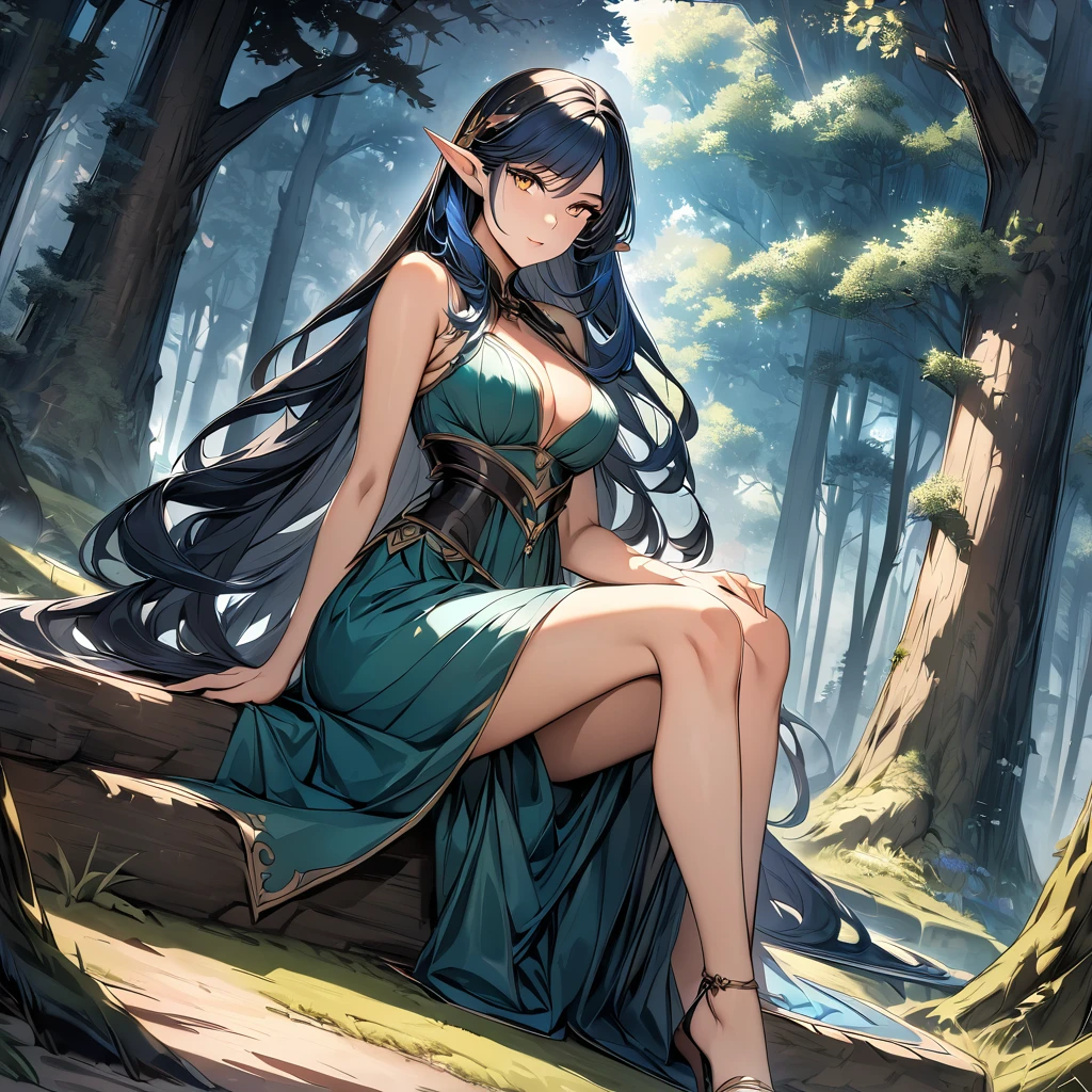 high quality, 4k, 8k, highres, HDR, UHD, masterpiece, ultra-detailed, a beautiful elf woman in a dark fantasy forest, sitting pose, creative angle, mature woman. extremely detailed face, long flowing hair, dark blue hair, curious expression, sitting under a large tree, anime style, highly detailed, 8k, fantasy art, magical atmosphere, mossy ground, dark setting, demonic forest, glowing eyes, pointed ears, detailed dress, intricate details, fantasy landscape
