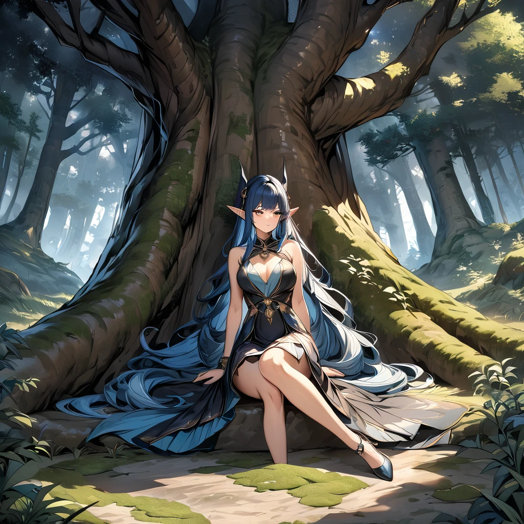 high quality, 4k, 8k, highres, HDR, UHD, masterpiece, ultra-detailed, a beautiful elf woman in a dark fantasy forest, sitting pose, creative angle, mature woman. extremely detailed face, long flowing hair, dark blue hair, curious expression, sitting under a large tree, anime style, highly detailed, 8k, fantasy art, magical atmosphere, mossy ground, dark setting, demonic forest, glowing eyes, pointed ears, detailed dress, intricate details, fantasy landscape
