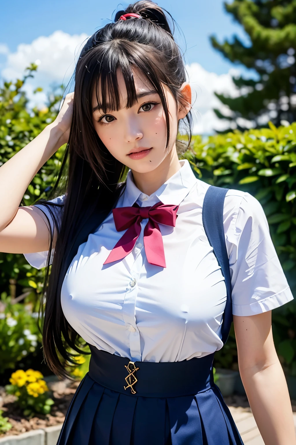 (Highest quality, 8k, 32K, masterpiece, Ultra-high resolution:1.2), Cute Japanese Girl, (Huge breasts:1.1), Long black hair,ponytail, bangs, (school uniform), Tight waist, (Outdoor, garden, blue sky),(high school girl),