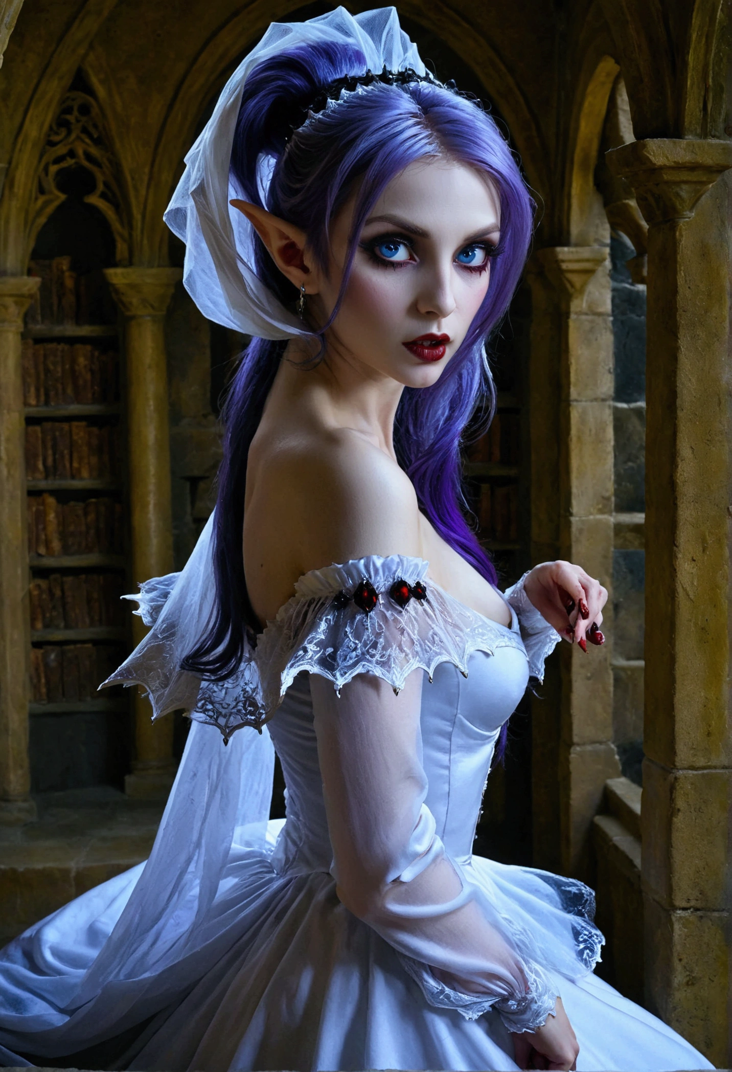 arafed a picture of elf vampire in her castle. an exquisite beautiful female elf vampire (ultra details, Masterpiece, best quality), bloody mouth, purple hair, pale skin, hair in a ponytail, long hair, blue eyes, small pointed ears, cold eyes, smirking, wearing white dress (ultra details, Masterpiece, best quality), red cloak, in dark fantasy library, book shelves, arafed high details, best quality, 16k, [ultra detailed], masterpiece, best quality, (ultra detailed), full body, ultra wide shot, photorealism, RAW, dark fantasy art, gothic art, wearing Haute_Couture designer dress, Dark Novel, Dark Art Painting Style, dripping blood, hud_s1n, short black dress, long sleeves, veil, thighhighs