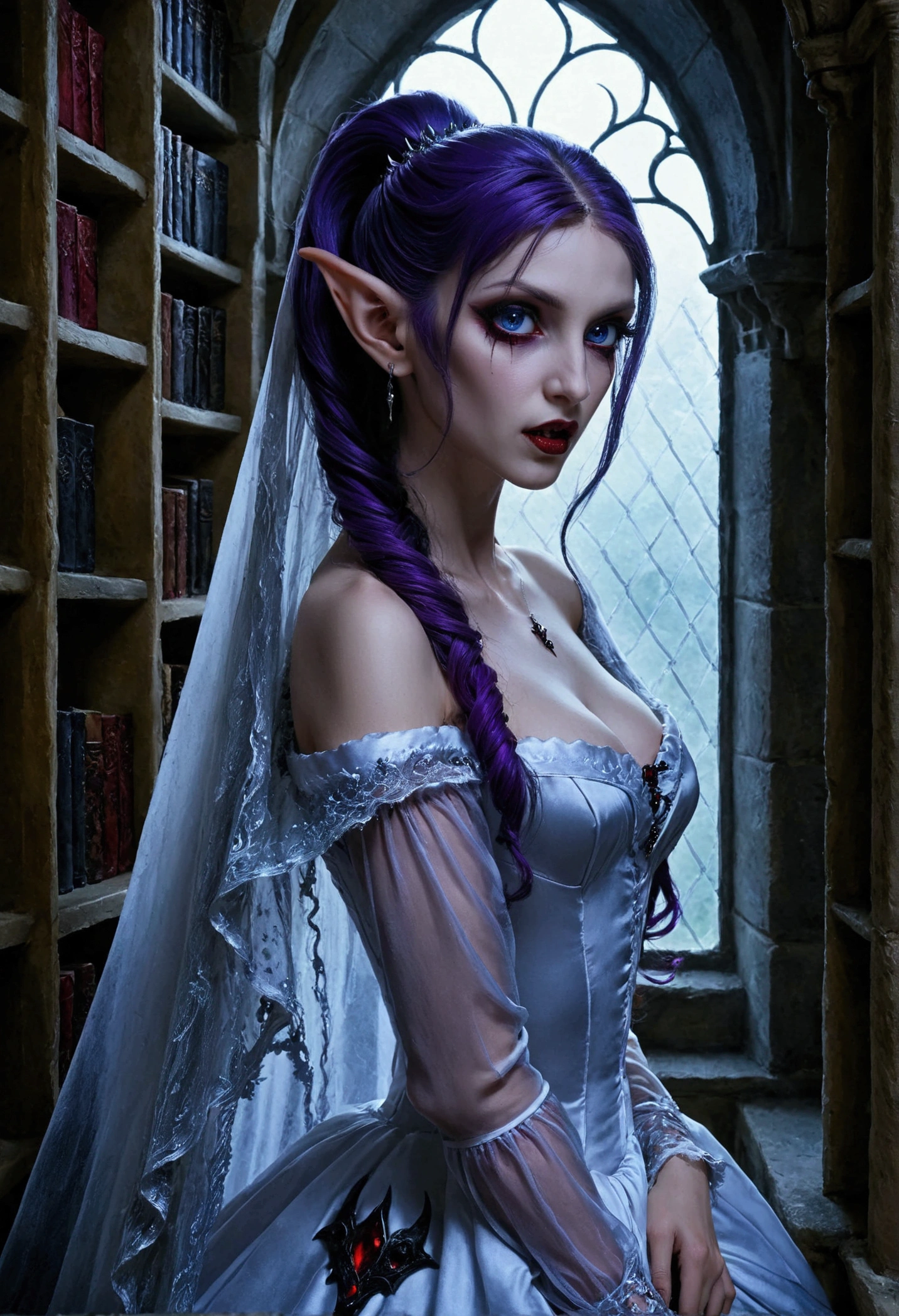 arafed a picture of elf vampire in her castle. an exquisite beautiful female elf vampire (ultra details, Masterpiece, best quality), bloody mouth, purple hair, pale skin, hair in a ponytail, long hair, blue eyes, small pointed ears, cold eyes, smirking, wearing white dress (ultra details, Masterpiece, best quality), red cloak, in dark fantasy library, book shelves, arafed high details, best quality, 16k, [ultra detailed], masterpiece, best quality, (ultra detailed), full body, ultra wide shot, photorealism, RAW, dark fantasy art, gothic art, wearing Haute_Couture designer dress, Dark Novel, Dark Art Painting Style, dripping blood, hud_s1n, short black dress, long sleeves, veil, thighhighs